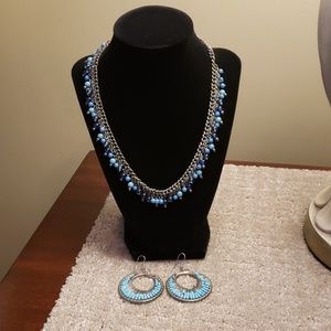 Blue Beaded Silver Necklace & Earring Set